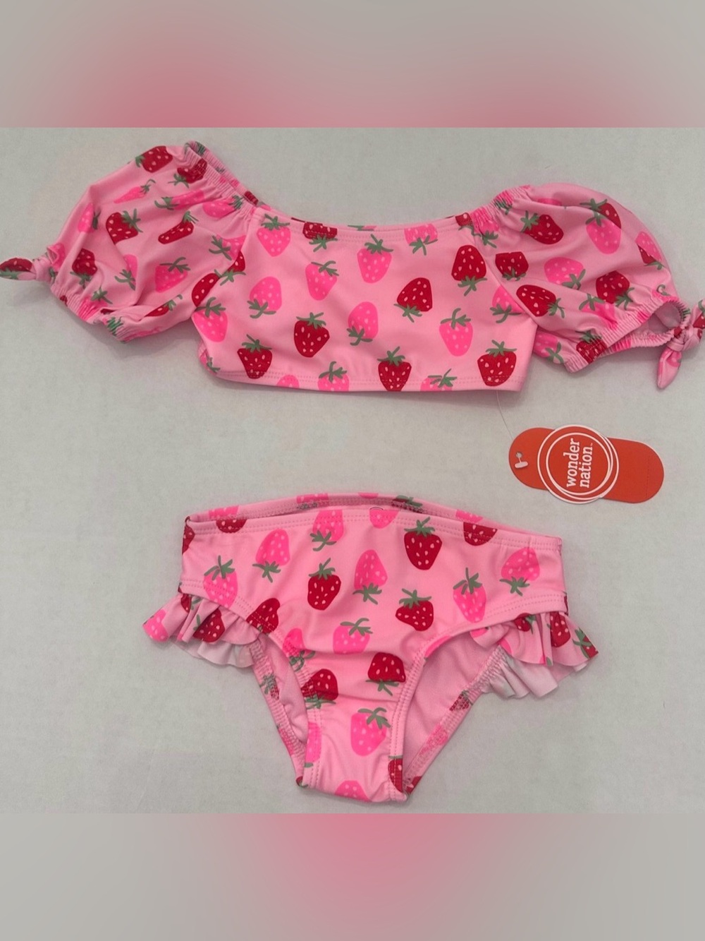 Wonder Nation Toddler Girls Pink Strawberries Bikini Swimsuit with Puff Sleeves,